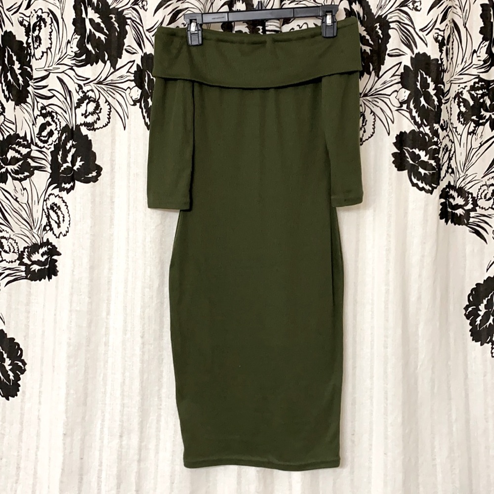 Olive green strapless body con style midi sweater dress with cowl neck